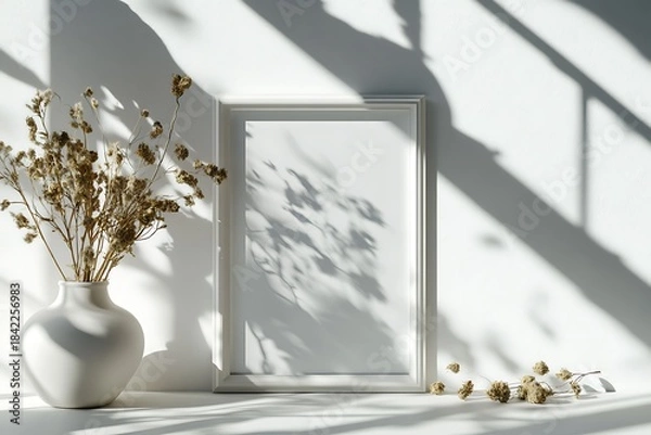 Fototapeta White frame, vase, and dried flowers arranged on a table with window shadows, providing a beautiful wall mockup.