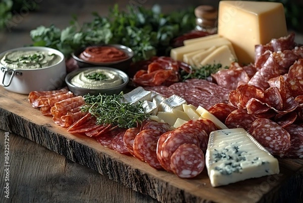Fototapeta Wooden plank serving a lavish charcuterie assortment, with fresh herbs, dips, and an array of gourmet cheeses, set on a rustic table.