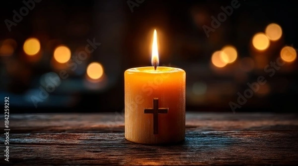 Obraz A softly lit candle with a cross symbolizing faith, hope, and remembrance. The warm glow creates a sense of peace and reverence.