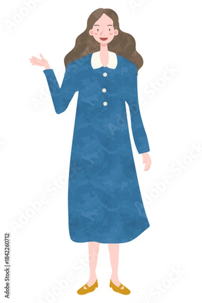 Fototapeta 笑顔で案内する女性（※aiデータでは、カラーの一部にオリジナルの水彩テクスチャのパターン（スウォッチ登録あり）を使用）