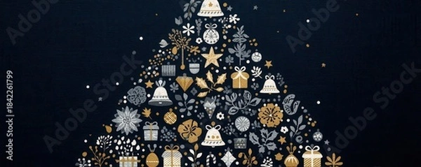 Obraz Christmas tree made of icons on navy blue background with gold and silver decorations