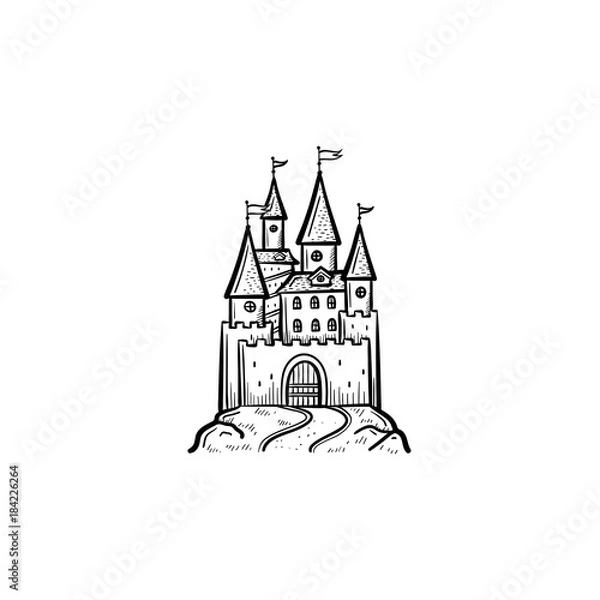 Fototapeta Vector hand drawn fairytale castle outline doodle icon. Fairytale castle sketch illustration for print, web, mobile and infographics isolated on white background.