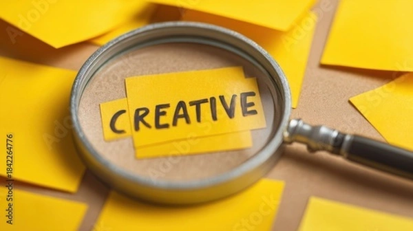 Fototapeta A magnifying glass focuses on yellow sticky notes spelling CREATIVE in black letters,