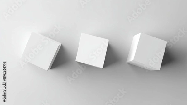 Fototapeta Three identical white cubes arranged in a row on a light gray surface,