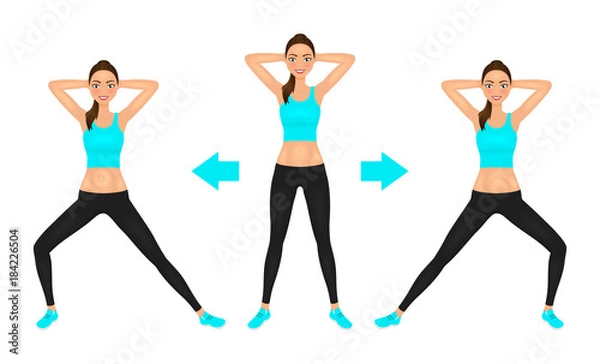 Fototapeta Smiling Young pretty woman make lunge exercise with hands behind head. Fit girl in leggings and crop top. Vector illustration.