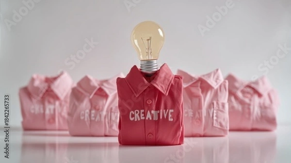 Fototapeta Five shirts on a white surface, central shirt features an illuminated light bulb at the neckline with CREATIVE text,