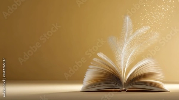 Fototapeta An open book with fanned pages features a floating white feather surrounded by sparkling particles,
