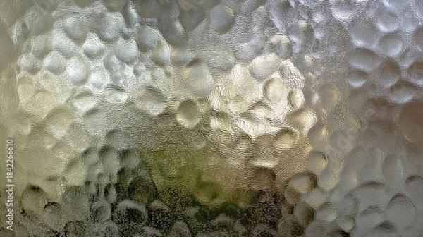 Fototapeta Close-up of hammered glass window with glossy surface and arched dimples,