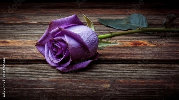 Fototapeta A single purple rose rests on a rustic wooden surface, petals slightly open revealing delicate layers,