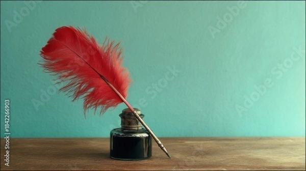 Fototapeta A classic quill pen lies across a small black ink bottle on a wooden surface with a teal backdrop,
