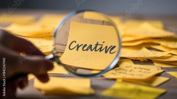 Fototapeta A hand holds a clear magnifying glass over yellow sticky notes on wood, with Creative written boldly beneath the lens.