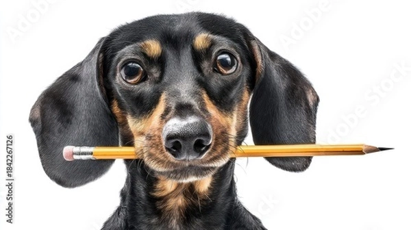 Fototapeta A small black and tan dachshund with perky ears holds an orange pencil between its teeth,