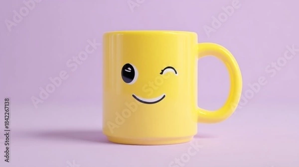 Fototapeta A cheerful yellow mug featuring a prominent smiling face design, perfect for brightening mornings with warm beverages.