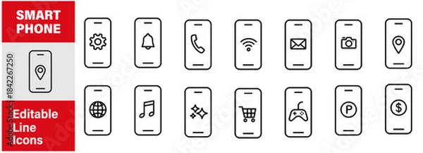 Obraz スマホ.スマートフォンとアプリの編集可能な線画イメージイラストアイコン2