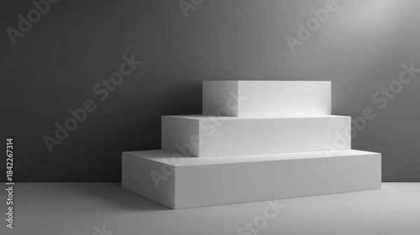 Fototapeta Three vertical rectangular prisms form a minimalist geometric structure resembling a block staircase,