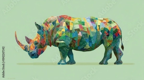 Fototapeta An artistic rhino composed of colorful geometric shapes forms an abstract silhouette against a pale green background wit