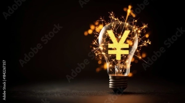 Fototapeta A glowing light bulb with sparks surrounds a yellow currency symbol, set against a dark backdrop,