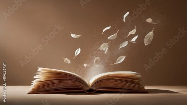Fototapeta An open book with curved pages and floating white feathers above, casting soft shadows,