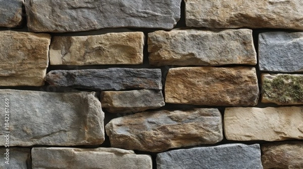 Fototapeta A close-up view of a traditional layered stone wall constructed with rectangular and square natural stones showcasing ru
