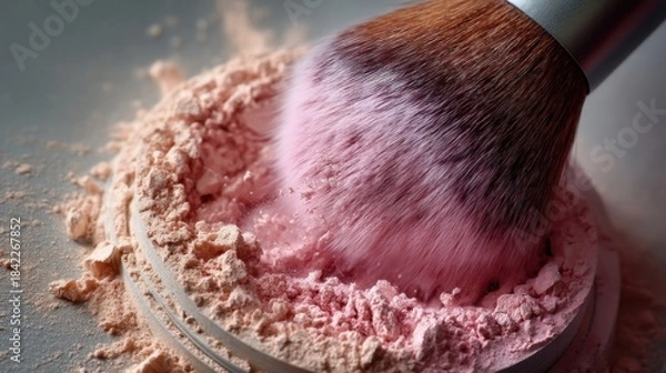 Fototapeta A makeup brush dipped into loose creamy blush or highlighter powder inside an open container with fingers nearby ready f