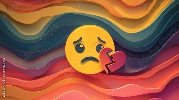 Fototapeta A sad emoji holding a splintered heart symbolizes heartbreak and emotional pain, conveying deep sadness and loneliness.