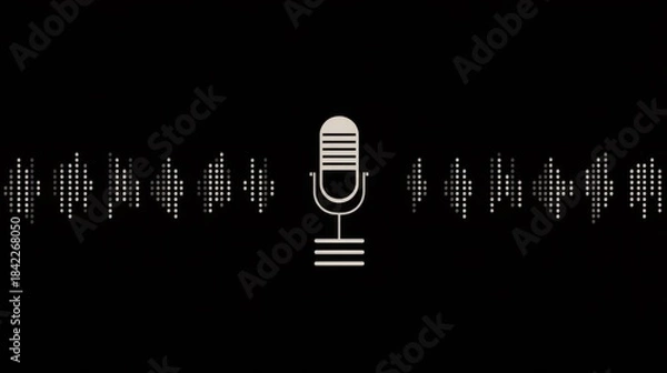 Fototapeta A vintage style microphone with sound waves stands against a glossy black background,