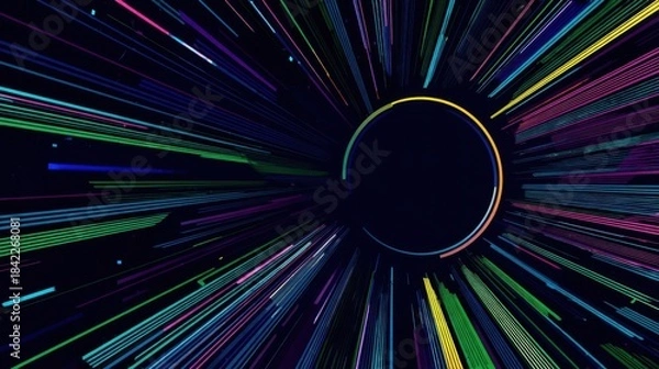 Fototapeta Abstract digital artwork featuring a vibrant yellow gold ring at the center with radiating multicolored stripes includin