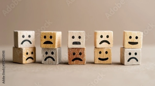 Fototapeta A set of unique wooden story blocks with carved emoji faces, each depicting different emotional expressions,