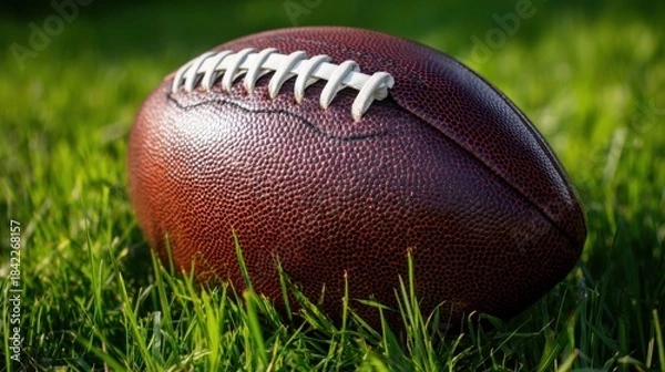 Fototapeta A football rests on lush green grass under bright sunlight, ready for play on an open field with clear blue skies.