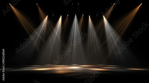 Fototapeta Dramatic stage lighting setup with six symmetrical beams casting warm golden hues on a reflective surface,