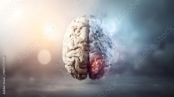 Fototapeta An artistic illustration of the human brain divided into hemispheres, symbolizing emotion and logic on a gradient backdrop. 