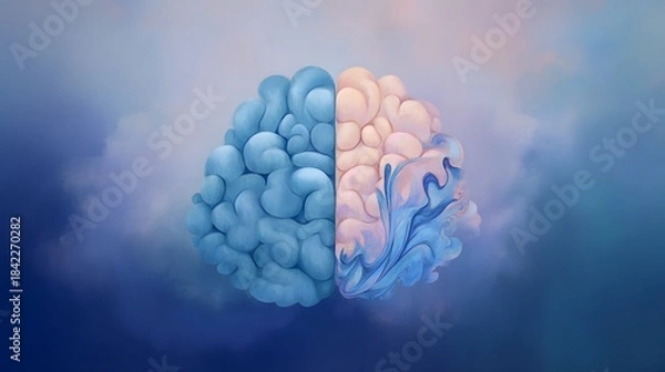 Fototapeta An artistic illustration of the human brain divided into hemispheres, symbolizing emotion and logic on a gradient backdrop. 
