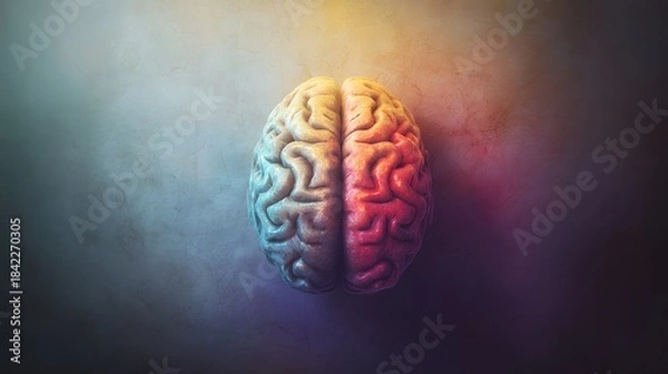Fototapeta An artistic illustration of the human brain divided into hemispheres, symbolizing emotion and logic on a gradient backdrop. 