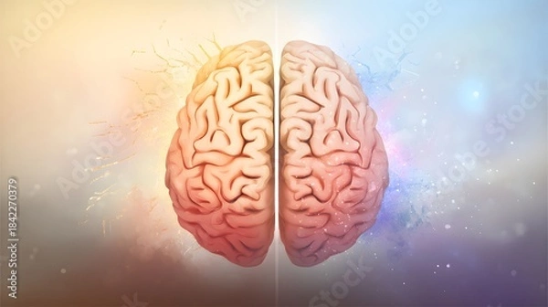 Fototapeta An artistic illustration of the human brain divided into hemispheres, symbolizing emotion and logic on a gradient backdrop. 