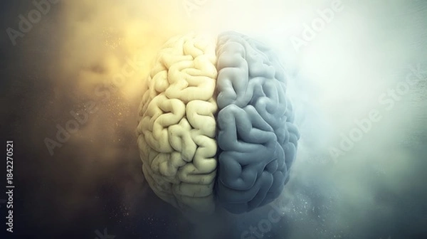 Fototapeta An artistic illustration of the human brain divided into hemispheres, symbolizing emotion and logic on a gradient backdrop. 