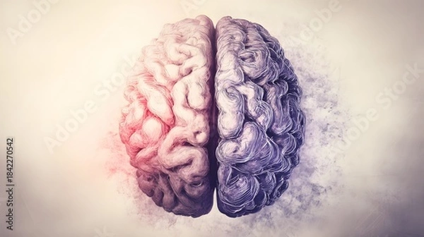 Fototapeta An artistic illustration of the human brain divided into hemispheres, symbolizing emotion and logic on a gradient backdrop. 