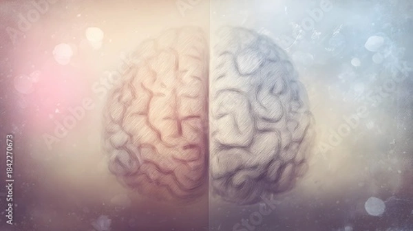 Fototapeta An artistic illustration of the human brain divided into hemispheres, symbolizing emotion and logic on a gradient backdrop. 