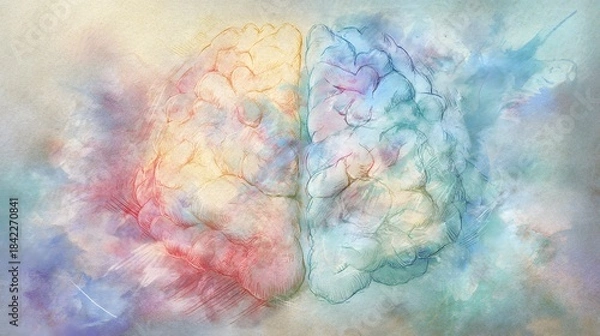 Fototapeta An artistic illustration of the human brain divided into hemispheres, symbolizing emotion and logic on a gradient backdrop. 
