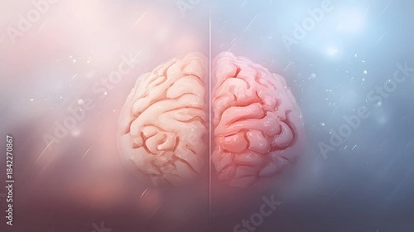 Fototapeta An artistic illustration of the human brain divided into hemispheres, symbolizing emotion and logic on a gradient backdrop. 