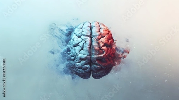 Fototapeta An artistic illustration of the human brain divided into hemispheres, symbolizing emotion and logic on a gradient backdrop. 