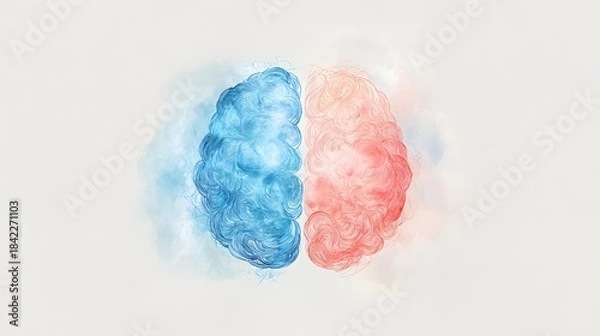 Fototapeta An artistic illustration of the human brain divided into hemispheres, symbolizing emotion and logic on a gradient backdrop. 