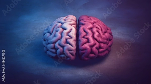 Fototapeta An artistic illustration of the human brain divided into hemispheres, symbolizing emotion and logic on a gradient backdrop. 
