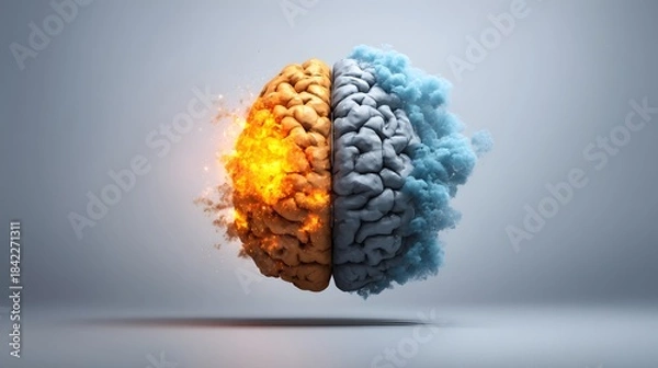 Fototapeta An artistic illustration of the human brain divided into hemispheres, symbolizing emotion and logic on a gradient backdrop. 