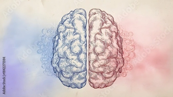 Fototapeta An artistic illustration of the human brain divided into hemispheres, symbolizing emotion and logic on a gradient backdrop. 