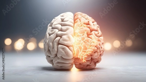 Fototapeta An artistic illustration of the human brain divided into hemispheres, symbolizing emotion and logic on a gradient backdrop. 