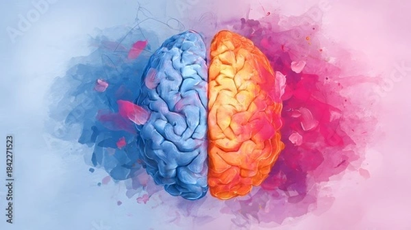 Fototapeta An artistic illustration of the human brain divided into hemispheres, symbolizing emotion and logic on a gradient backdrop. 