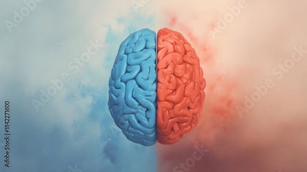 Fototapeta An artistic illustration of the human brain divided into hemispheres, symbolizing emotion and logic on a gradient backdrop. 