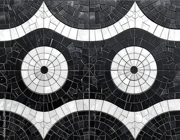 Obraz Black and white mosaic tile design featuring circular and wavy patterns