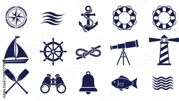 Obraz Sleek Solid Nautical Icons Collection Depicting Seafaring and Marine Elements
