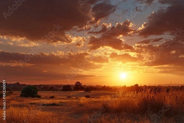 Obraz Vibrant sunset casts warm light over a grassy field and distant trees under a cloudy sky